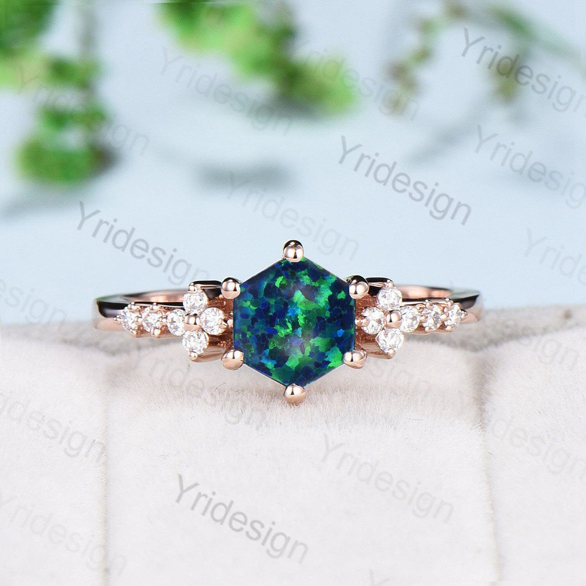 Handmade Hexagon Black Opal Ring, Flower Moissanite, 14K Rose Gold