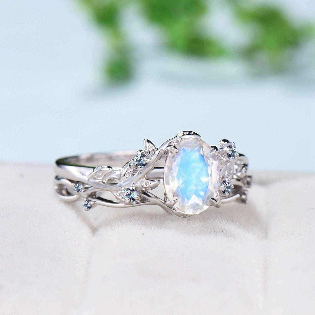 Unique black gold moonstone ring set Nature Inspired June birthstone engagement ring vintage cluster alexandrite Leaf wedding ring set women