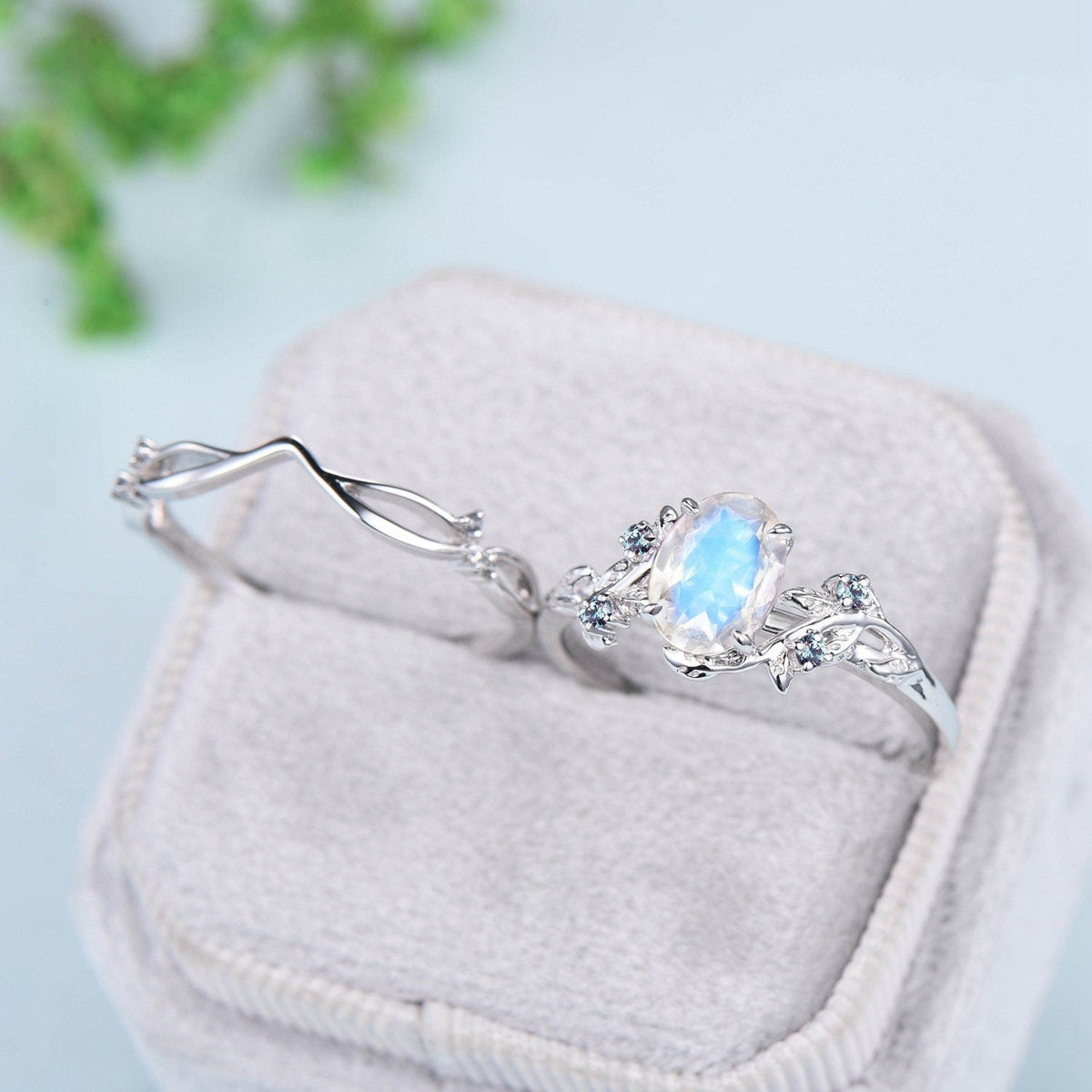 Unique black gold moonstone ring set Nature Inspired June birthstone engagement ring vintage cluster alexandrite Leaf wedding ring set women