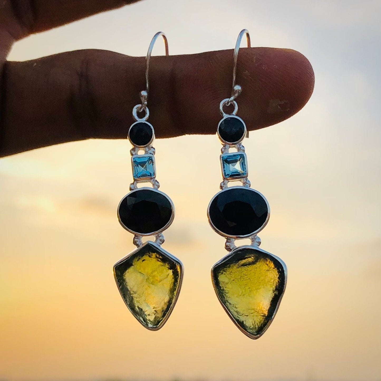 Natural Moldavite Rough & Blue Sapphire, Blue Topaz Earring Gemstone From Czech Republic 925 Solid Sterling Silver Handmade Designer Jewelry