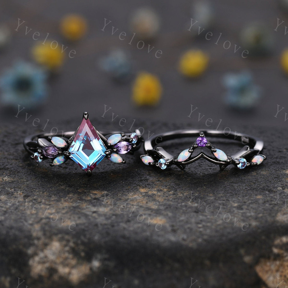 Vintage Kite Alexandrite Engagement Ring Set,Black Gold,Vines Amethyst Opal Ring,Women Bridal Set,Unique Twig Anniversary Promise Ring Gift