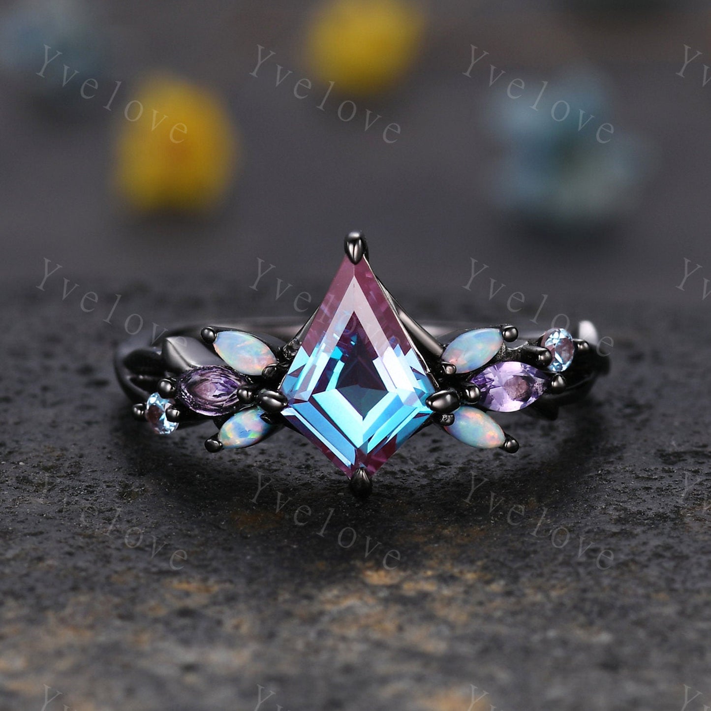 Vintage Kite Alexandrite Engagement Ring Set,Black Gold,Vines Amethyst Opal Ring,Women Bridal Set,Unique Twig Anniversary Promise Ring Gift