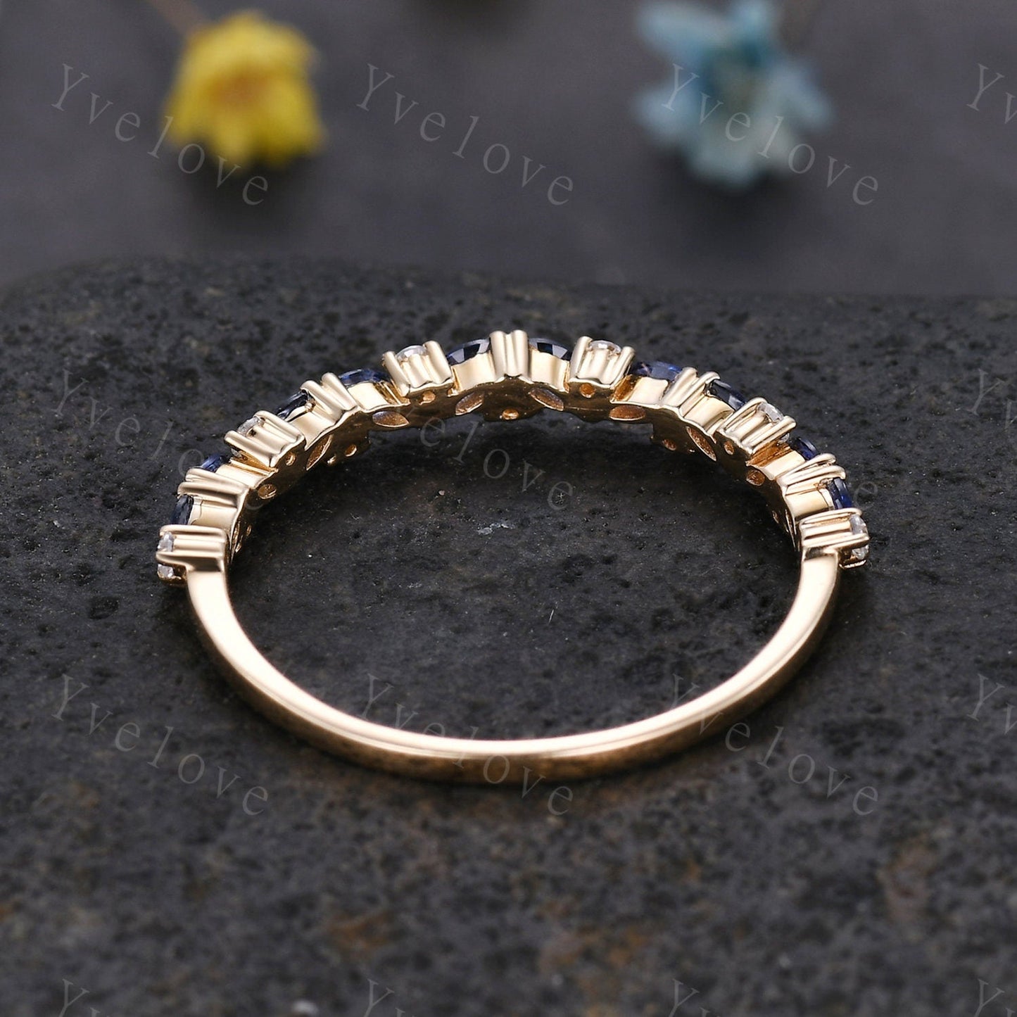 Marquise sapphire wedding band vintage sapphire ring yellow gold moissanite antique unique stacking band anniversary promise matching band