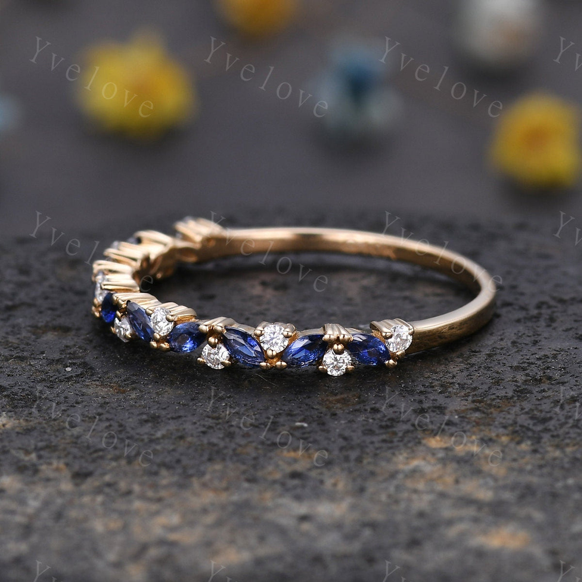 Marquise sapphire wedding band vintage sapphire ring yellow gold moissanite antique unique stacking band anniversary promise matching band