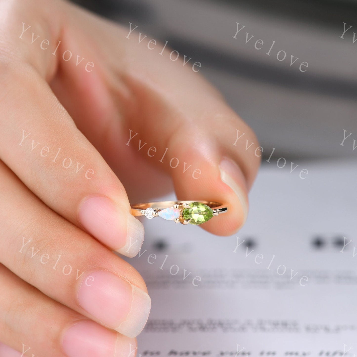 Vintage Peridot Opal Engagement Ring,Pear Cut Gems,Art Deco Moissanite Wedding Band,3 Stone Unique Women Bridal Promise Ring,Customized Gift