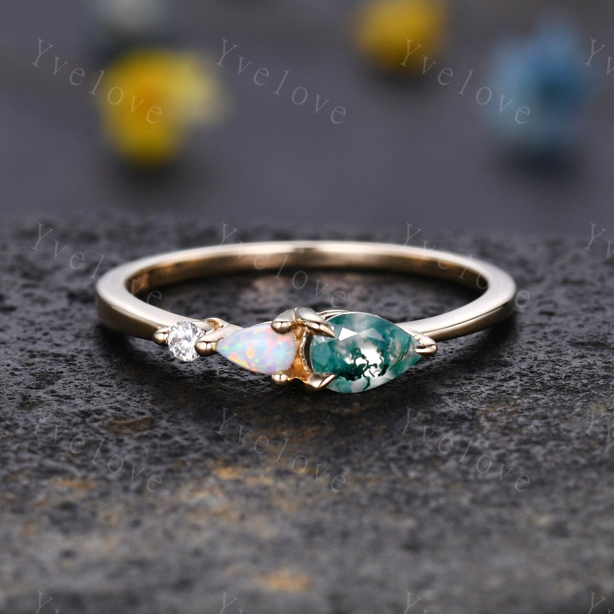 Unique Moss Agate Opal Engagement Ring,Pear Cut Gems,Art Deco Moissanite Wedding Band,3 Stone Unique Women Bridal Promise Ring,Customized