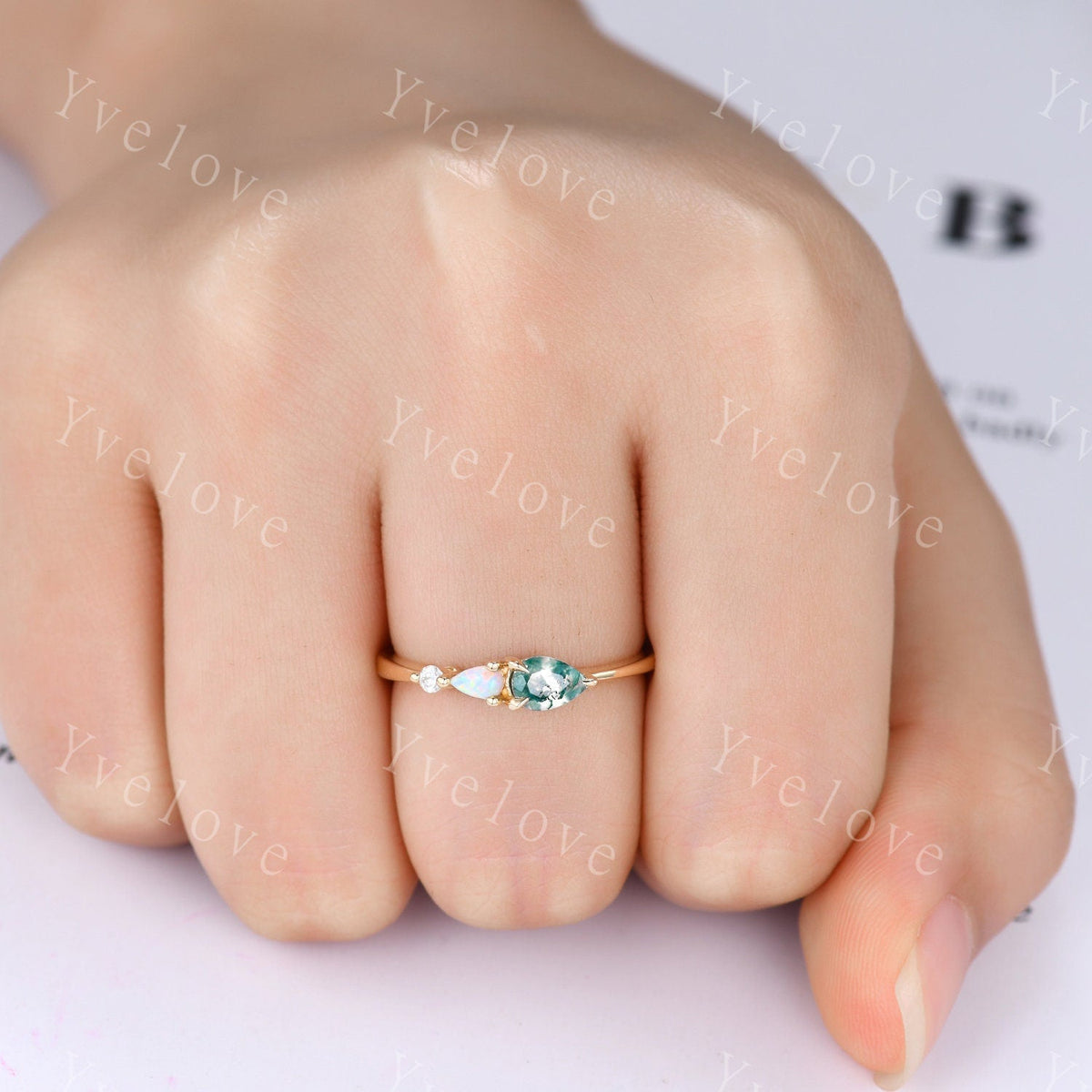Unique Moss Agate Opal Engagement Ring,Pear Cut Gems,Art Deco Moissanite Wedding Band,3 Stone Unique Women Bridal Promise Ring,Customized
