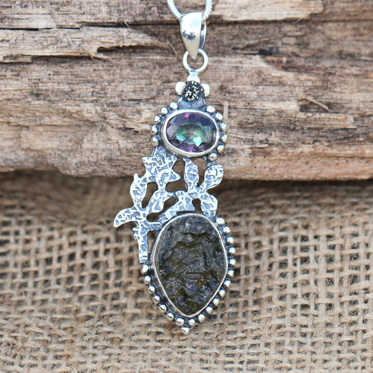 Moldavite Mystic Topaz pendant, genuine gemstone pendant, sterling silver handmade pendant, 100% genuine with certified gemstone