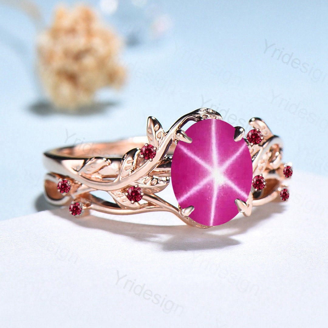 Natural Inspired Leaf pink star sapphire ring set cluster sapphire galaxy engagement ring women unique twig ruby wedding ring set for her
