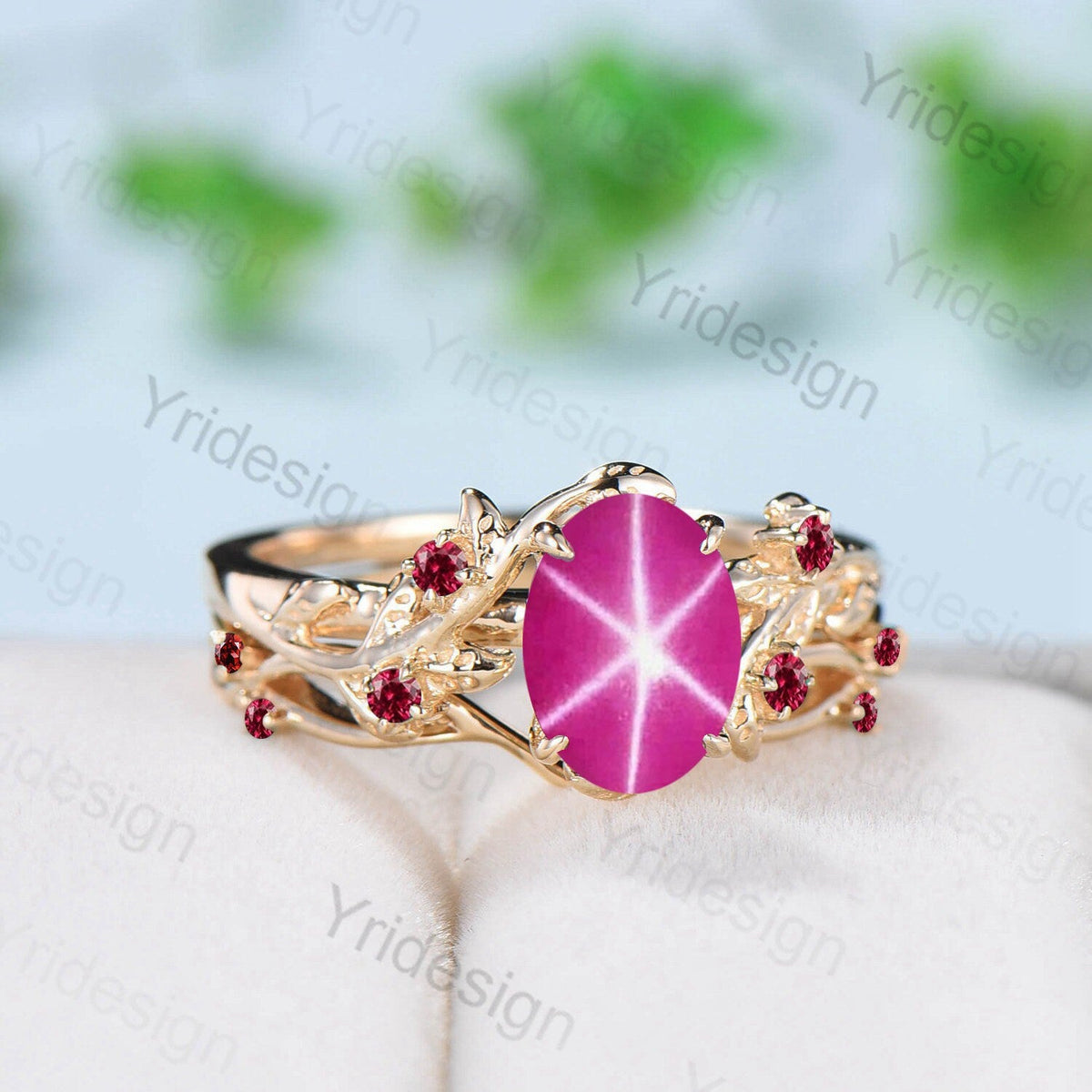 Natural Inspired Leaf pink star sapphire ring set cluster sapphire galaxy engagement ring women unique twig ruby wedding ring set for her