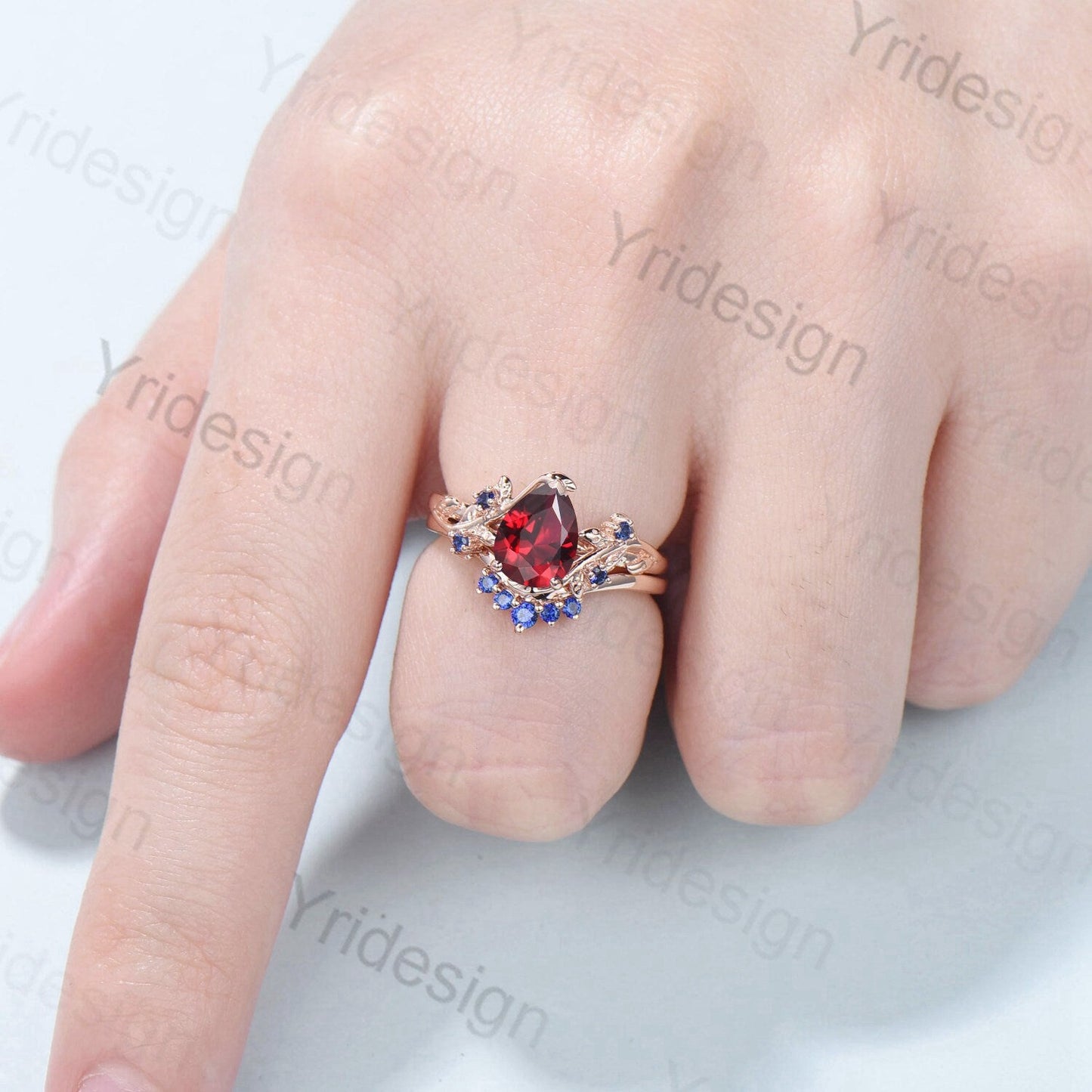 Nature Inspired Pear Shaped Ruby Wedding Ring Set Vintage Unique  Lab Ruby Engagement Ring Leaf Cluster Women Blue Sapphire Anniversary Ring