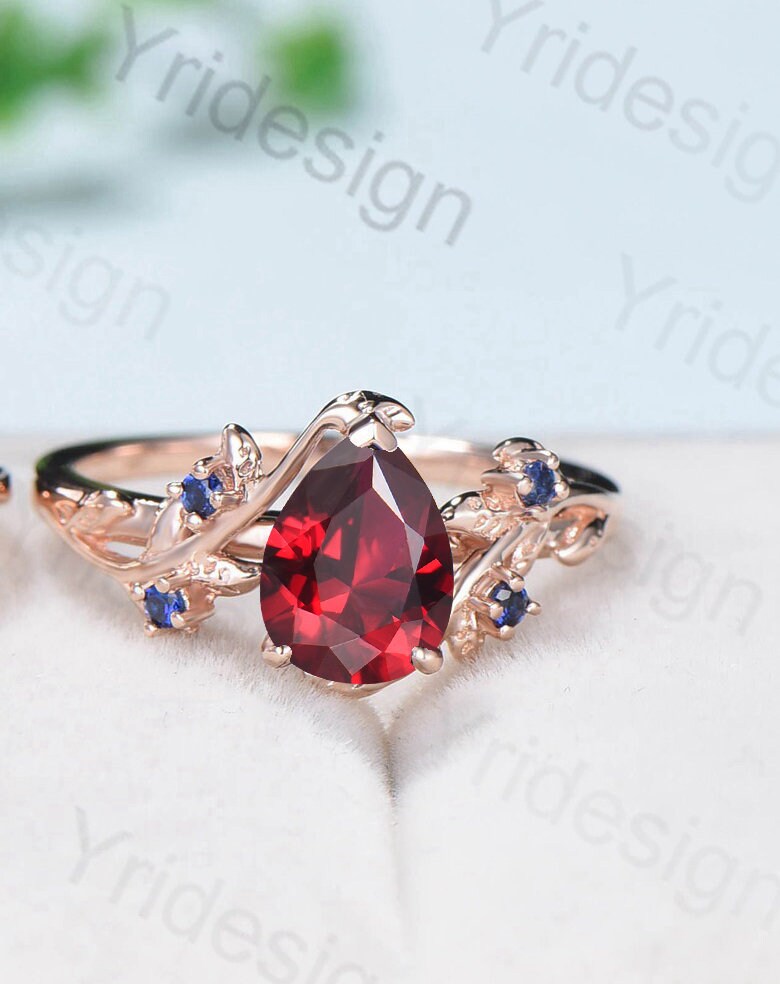 Nature Inspired Pear Shaped Ruby Wedding Ring Set Vintage Unique  Lab Ruby Engagement Ring Leaf Cluster Women Blue Sapphire Anniversary Ring