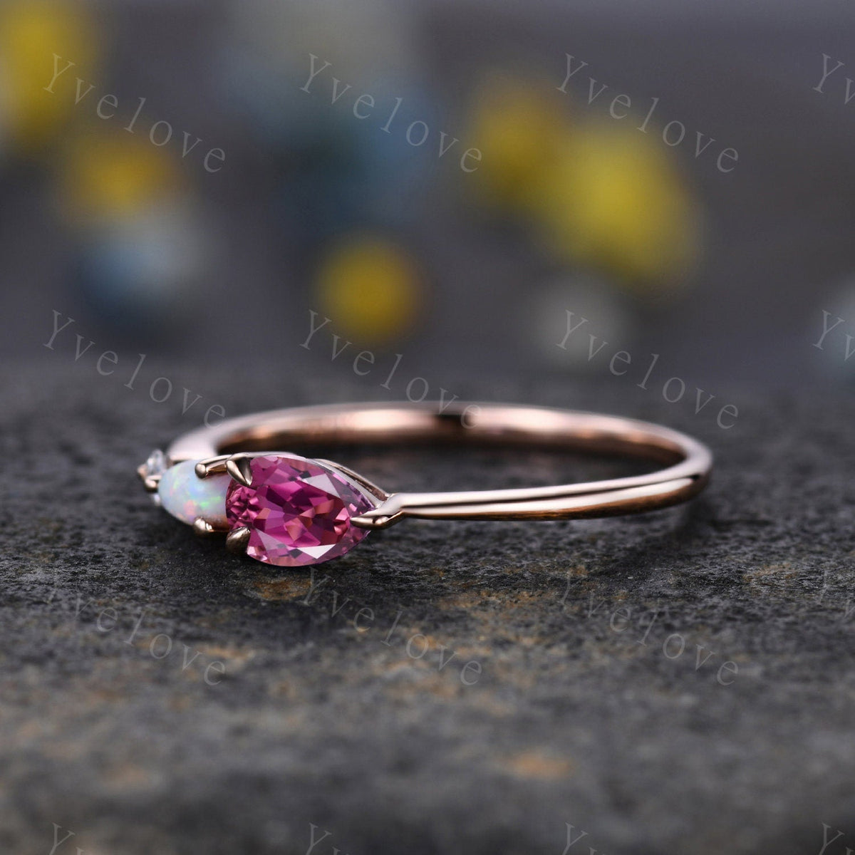 Unique Pink Tourmaline Opal Engagement Ring,Pear Cut Gems,Art Deco Moissanite Wedding Band,3 Stone Unique Women Bridal Promise Ring Gift