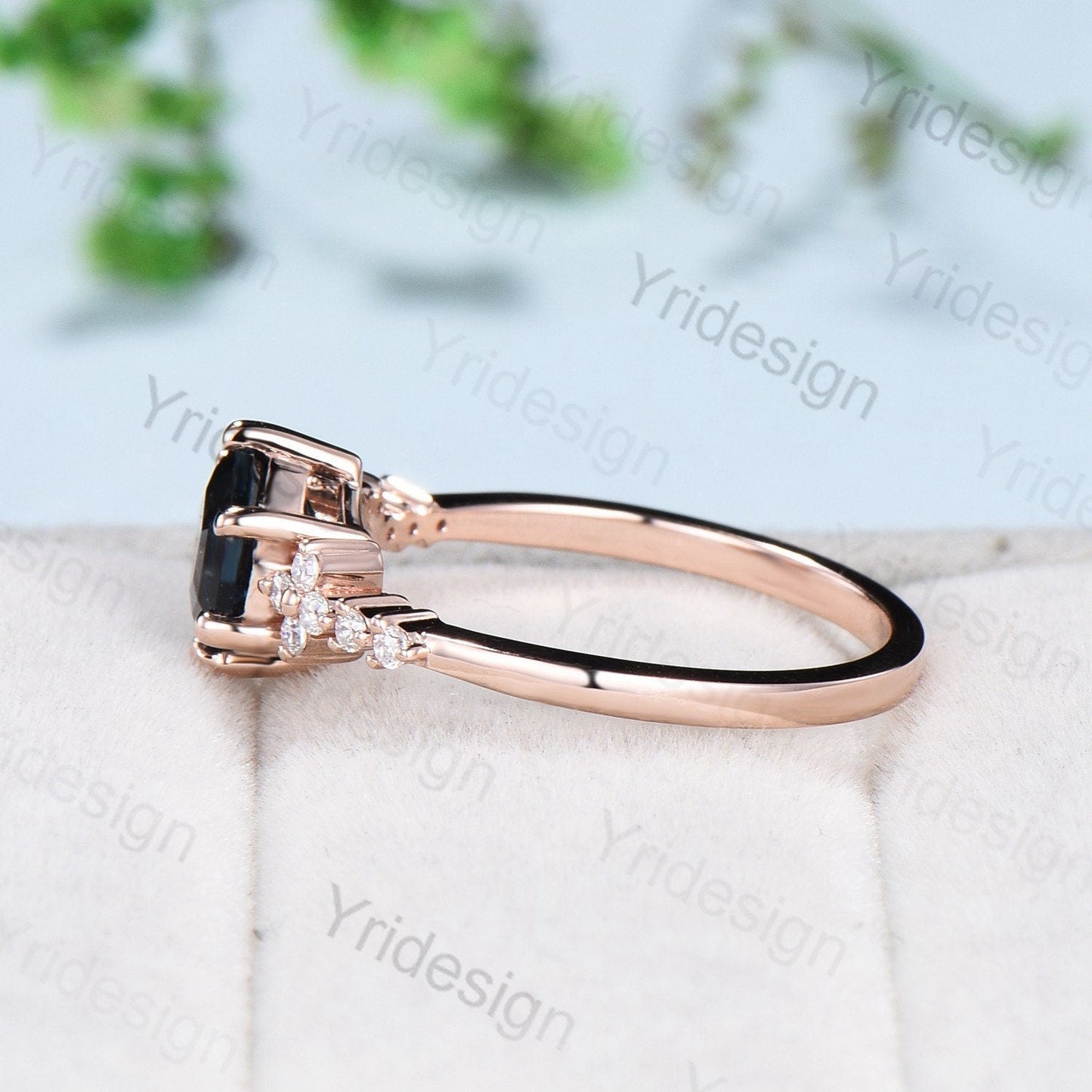 Handmade Hexagon Black Opal Ring, Flower Moissanite, 14K Rose Gold