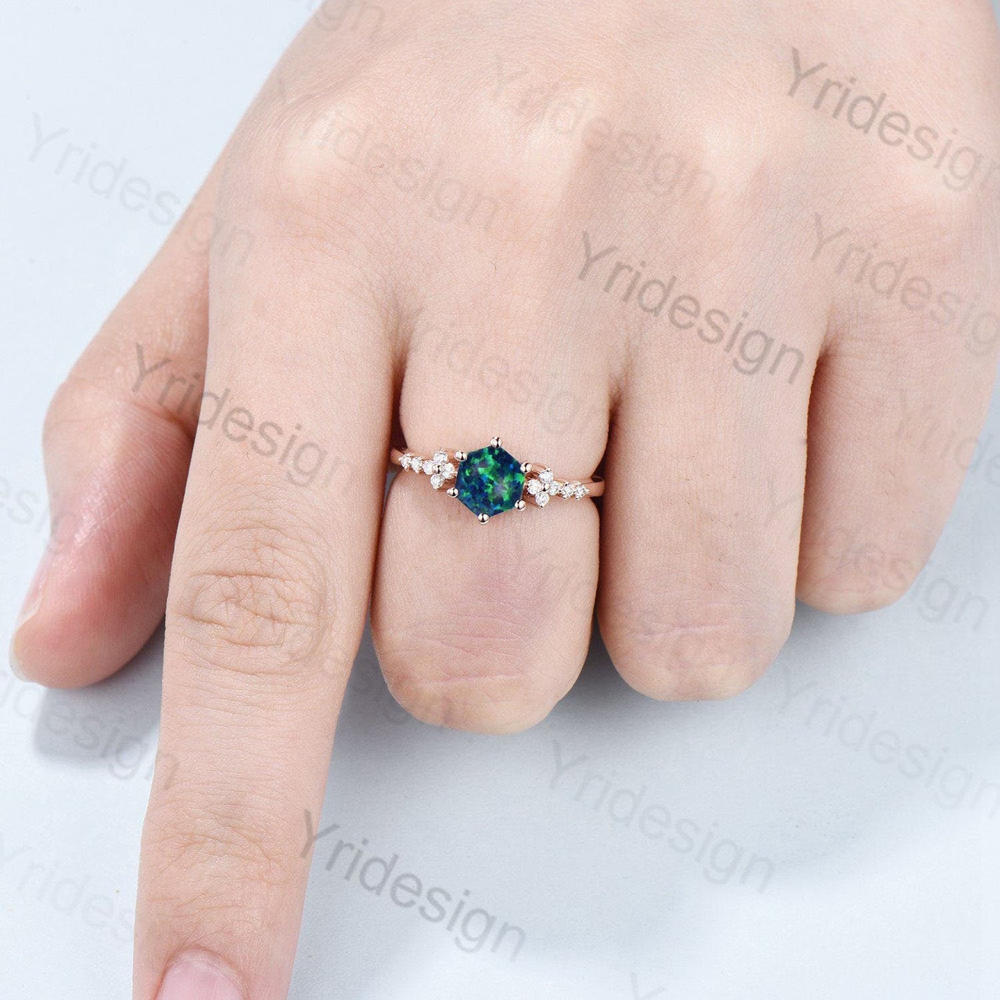 Handmade Hexagon Black Opal Ring, Flower Moissanite, 14K Rose Gold