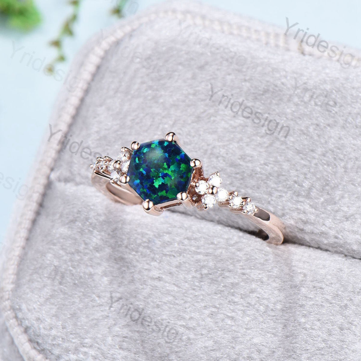 Handmade Hexagon Black Opal Ring, Flower Moissanite, 14K Rose Gold