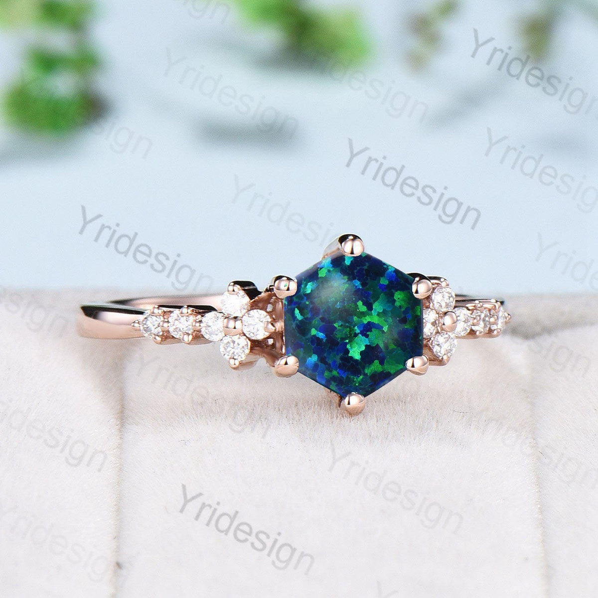 Handmade Hexagon Black Opal Ring, Flower Moissanite, 14K Rose Gold