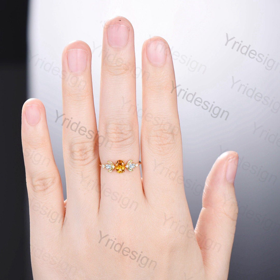 Unique Oval Citrine Engagement Rings Multi-Stone Rings Marqusie Cut Peridot Wedding Ring Swiss Topaz Anniversary Ring Vintage Rose Gold Ring