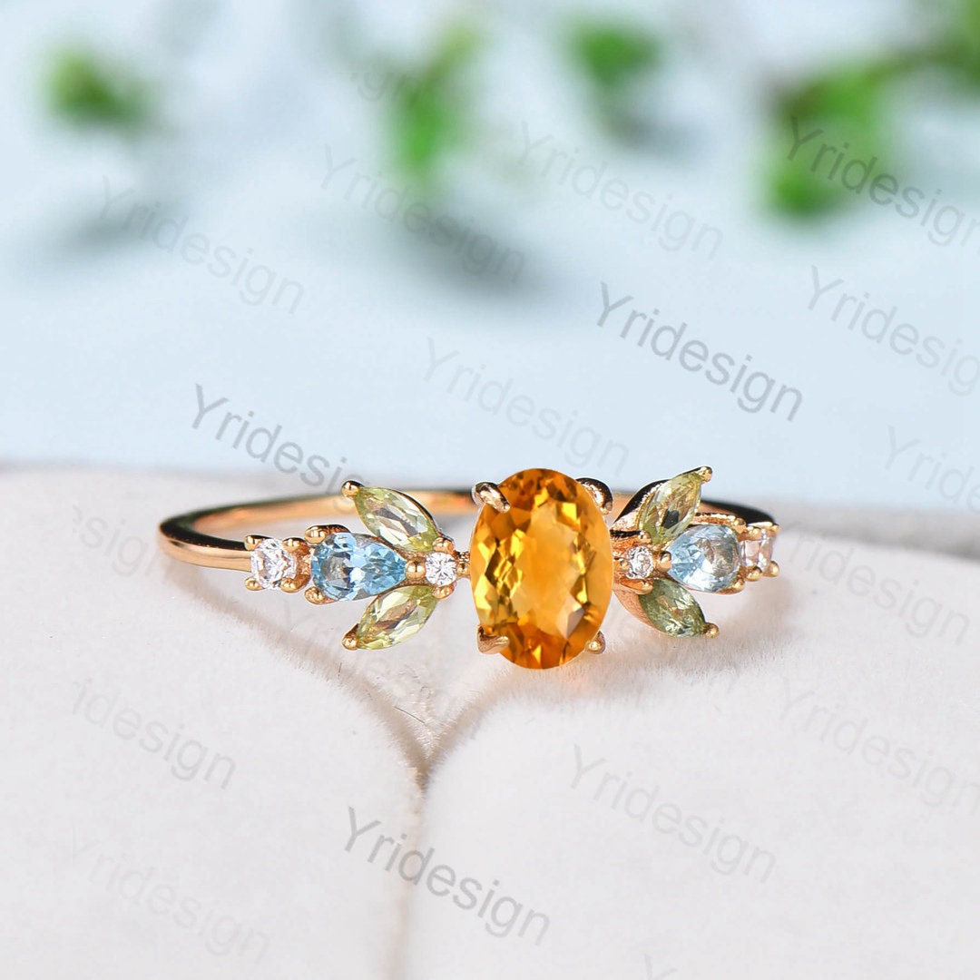 Unique Oval Citrine Engagement Rings Multi-Stone Rings Marqusie Cut Peridot Wedding Ring Swiss Topaz Anniversary Ring Vintage Rose Gold Ring