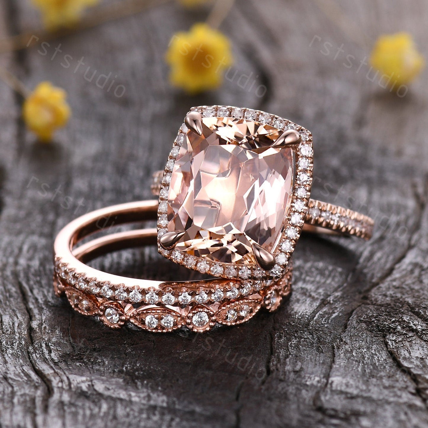 Art Deco 14K Rose Gold Morganite Engagement Ring Set: Diamond Wedding Band