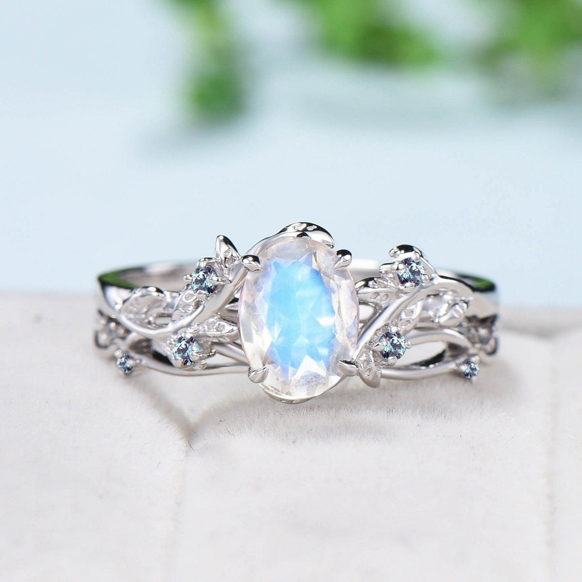 Unique black gold moonstone ring set Nature Inspired June birthstone engagement ring vintage cluster alexandrite Leaf wedding ring set women