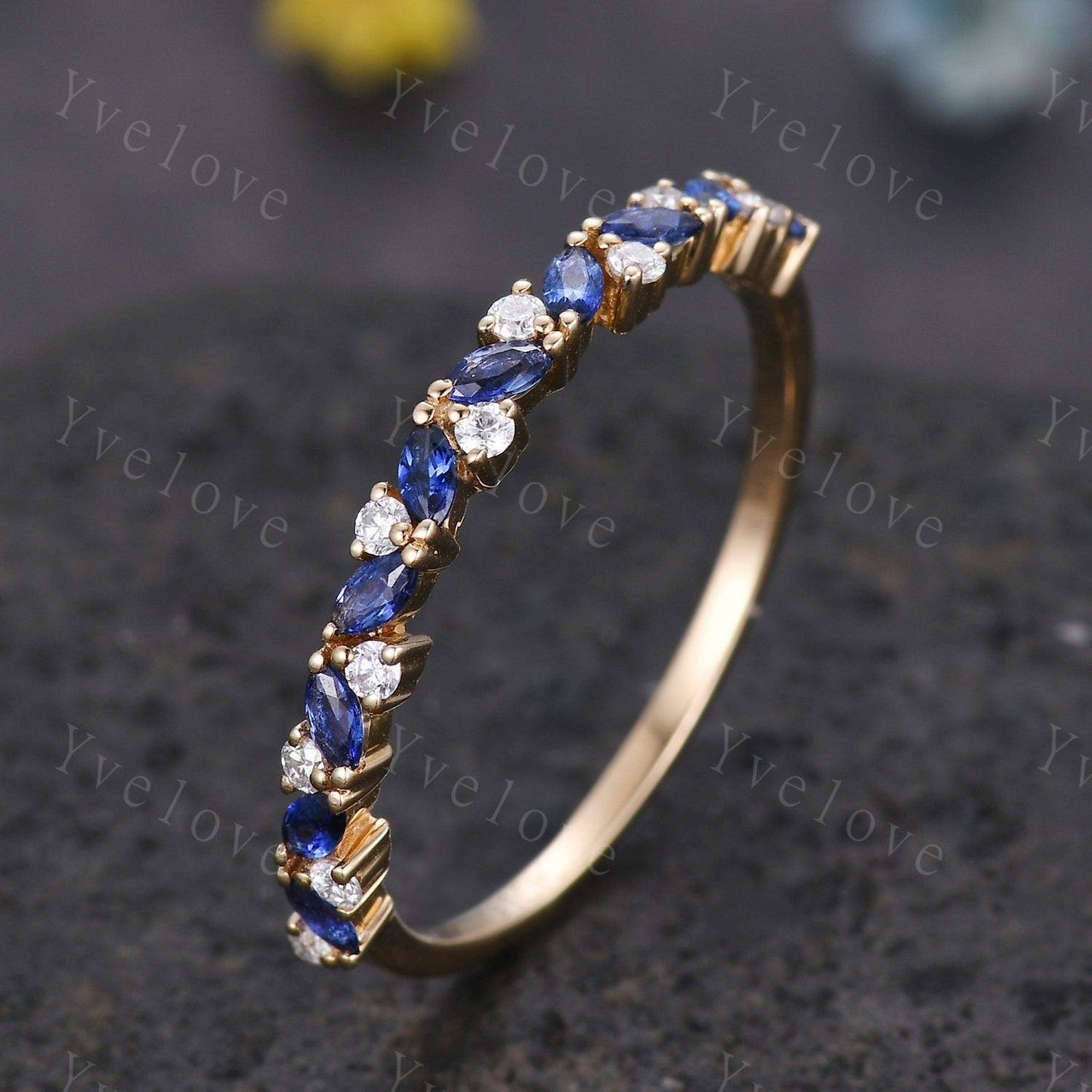 Marquise sapphire wedding band vintage sapphire ring yellow gold moissanite antique unique stacking band anniversary promise matching band