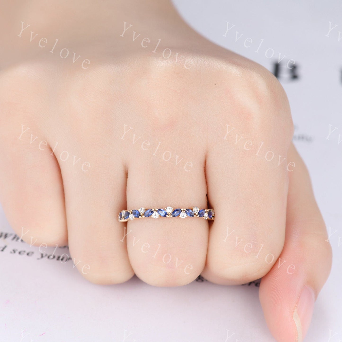 Marquise sapphire wedding band vintage sapphire ring yellow gold moissanite antique unique stacking band anniversary promise matching band