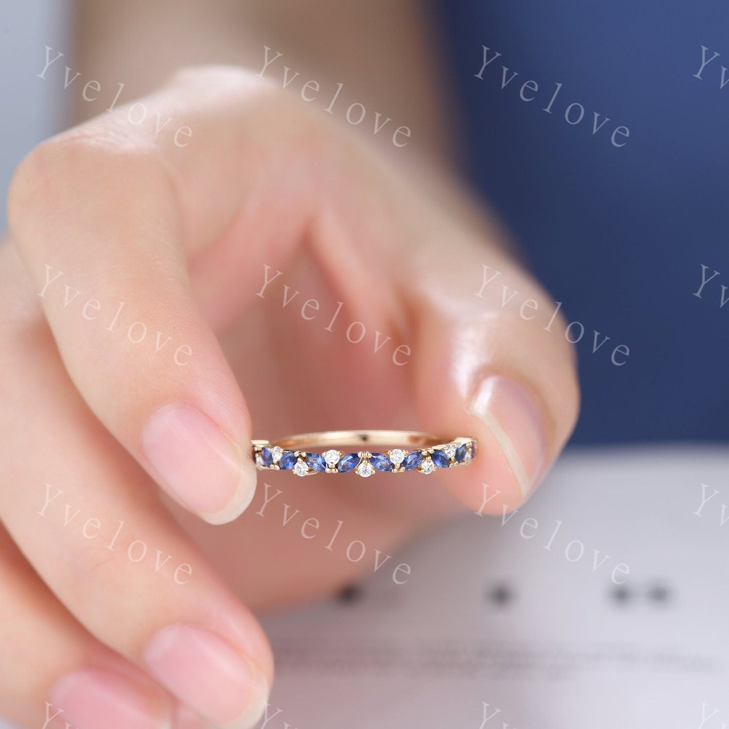 Marquise sapphire wedding band vintage sapphire ring yellow gold moissanite antique unique stacking band anniversary promise matching band