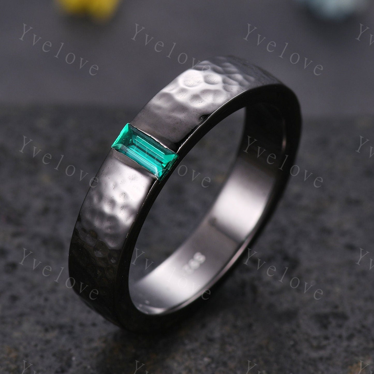 Mens Emerald Wedding Band Baguette Cut Green Emerald Band 5mm Black Band Ring Mens Hammered Stacking Matching Band Retro Vintage Ring Gift