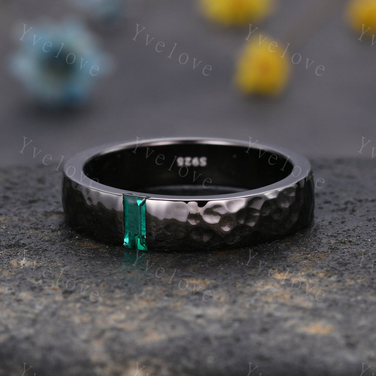 Mens Emerald Wedding Band Baguette Cut Green Emerald Band 5mm Black Band Ring Mens Hammered Stacking Matching Band Retro Vintage Ring Gift
