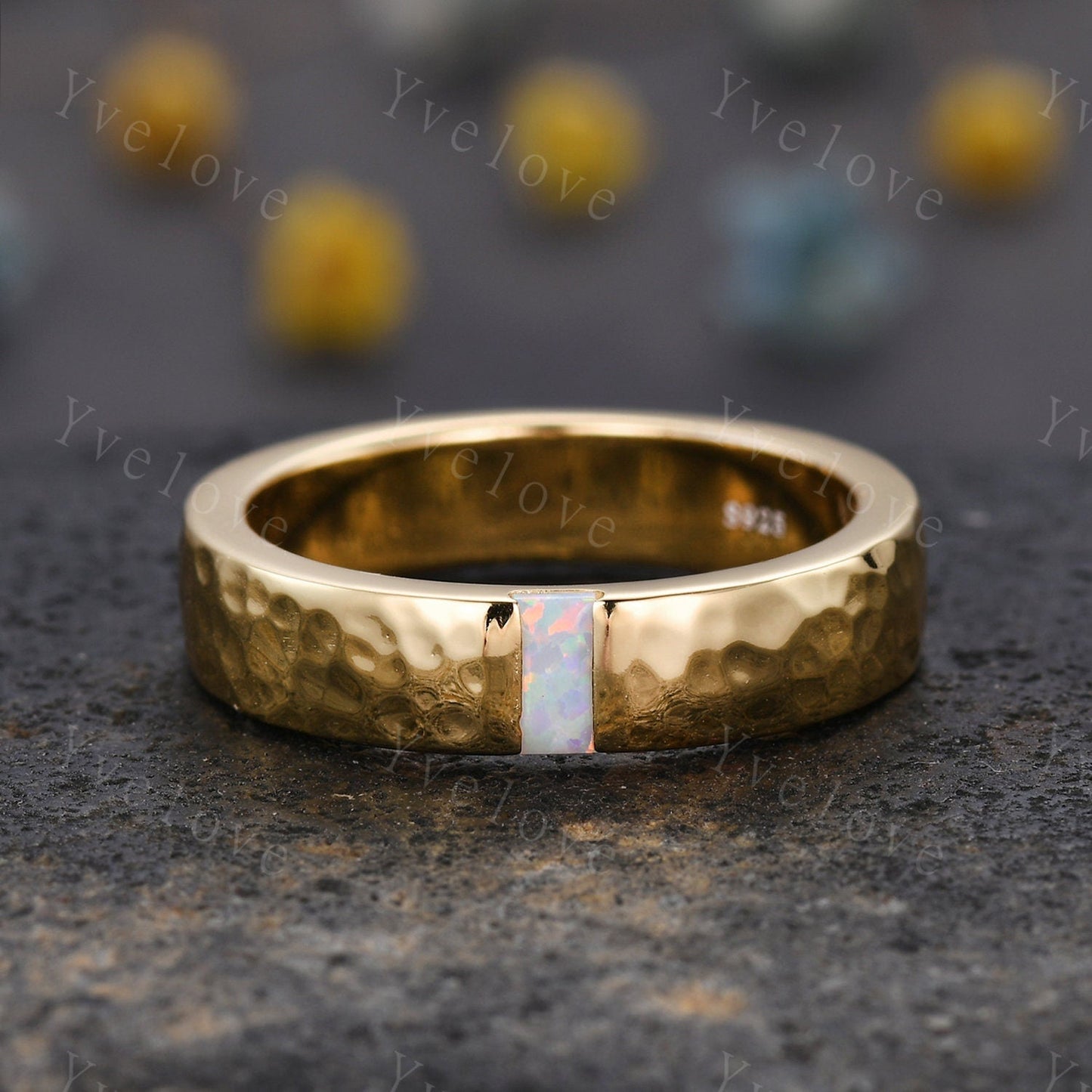 Mens White Fire Opal Wedding Band Baguette Cut Opal Band 5mm Black Silver Ring Mens Hammered Stacking Matching Band Retro Vintage Ring Gift