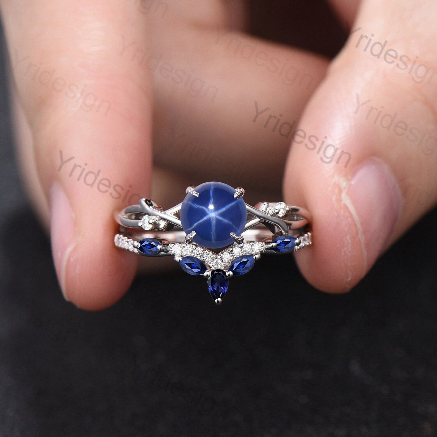 7mm Round Star Sapphire Engagement Ring Set Nature Inspired Branch Twig blue sapphire Wedding Set Unique Leaf anniversary promise ring