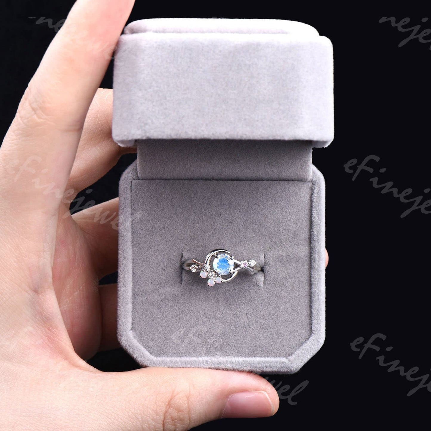 Dainty Moonstone Engagement Ring: Silver, Opal & Amethyst Accents