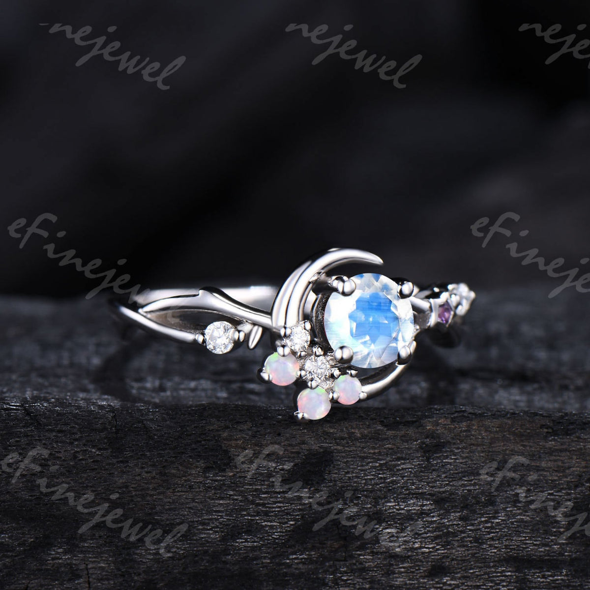 Dainty Moonstone Engagement Ring: Silver, Opal & Amethyst Accents