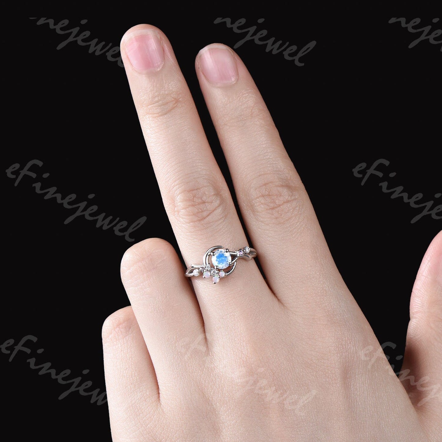 Dainty Moonstone Engagement Ring: Silver, Opal & Amethyst Accents