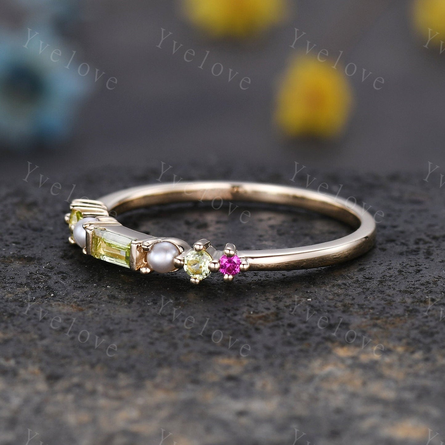 Minimalist Baguette shaped peridot band dainty pearl red garnet wedding band women stackable matching ring gold plated personalized gift
