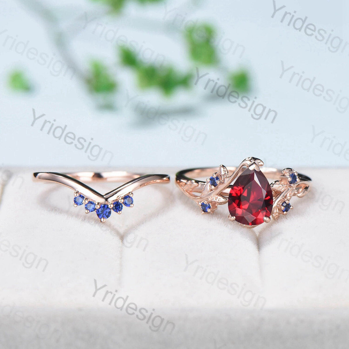 Nature Inspired Pear Shaped Ruby Wedding Ring Set Vintage Unique  Lab Ruby Engagement Ring Leaf Cluster Women Blue Sapphire Anniversary Ring