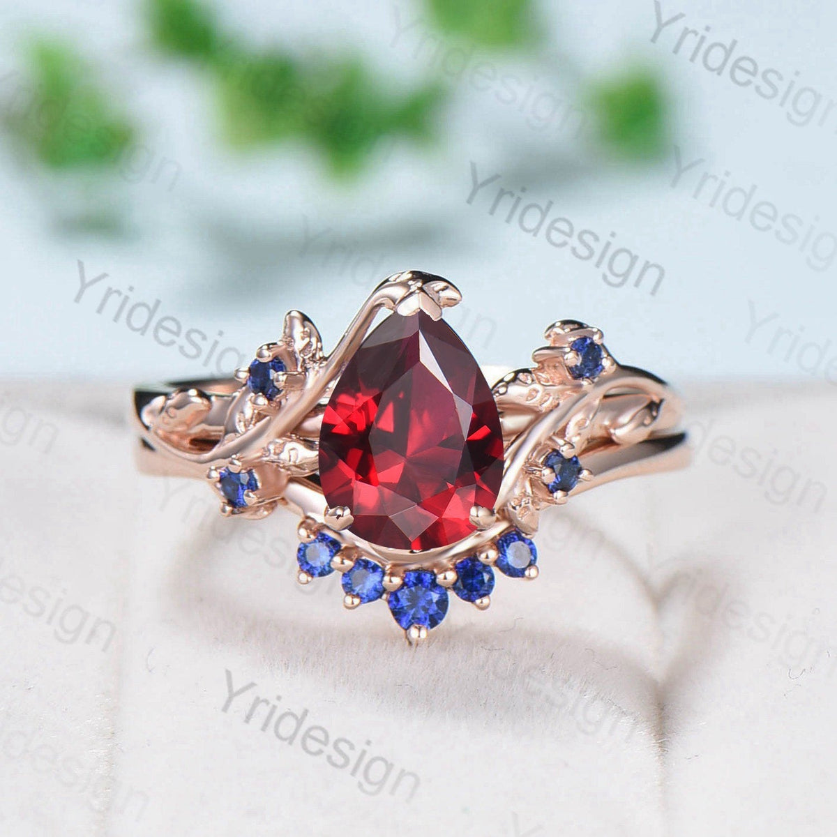 Nature Inspired Pear Shaped Ruby Wedding Ring Set Vintage Unique  Lab Ruby Engagement Ring Leaf Cluster Women Blue Sapphire Anniversary Ring