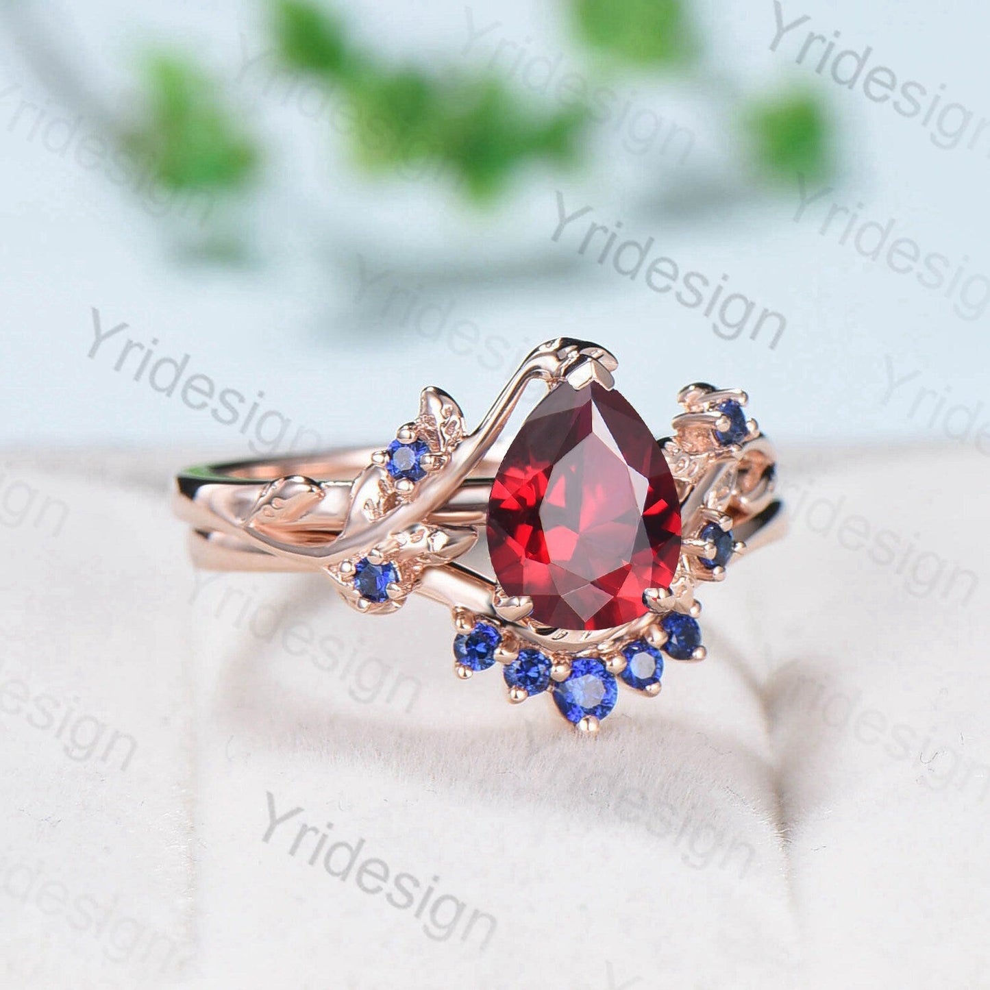 Nature Inspired Pear Shaped Ruby Wedding Ring Set Vintage Unique  Lab Ruby Engagement Ring Leaf Cluster Women Blue Sapphire Anniversary Ring