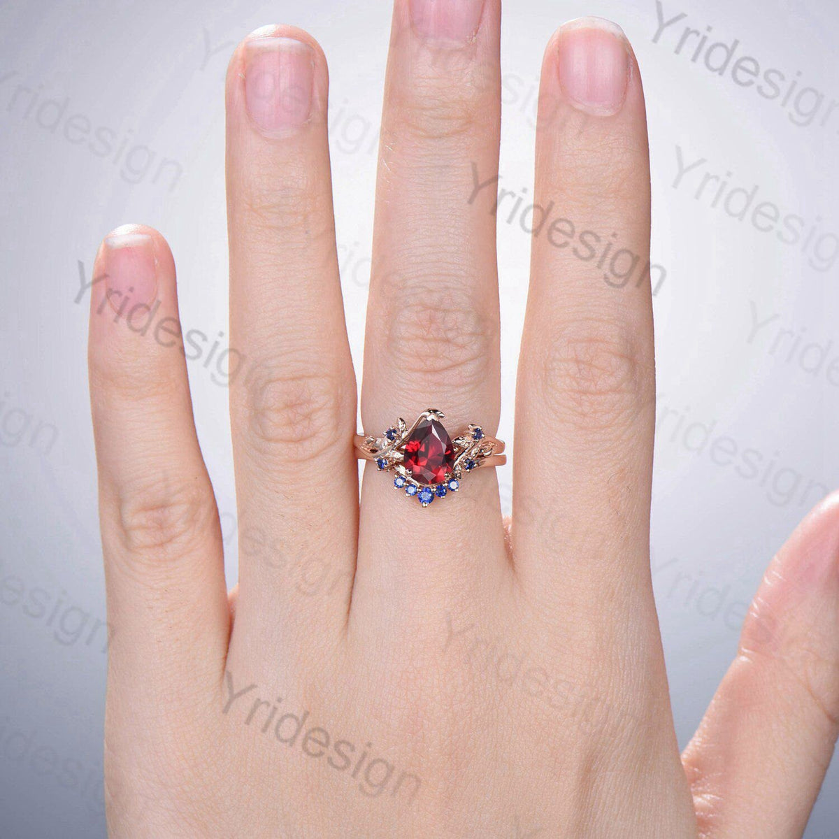 Nature Inspired Pear Shaped Ruby Wedding Ring Set Vintage Unique  Lab Ruby Engagement Ring Leaf Cluster Women Blue Sapphire Anniversary Ring