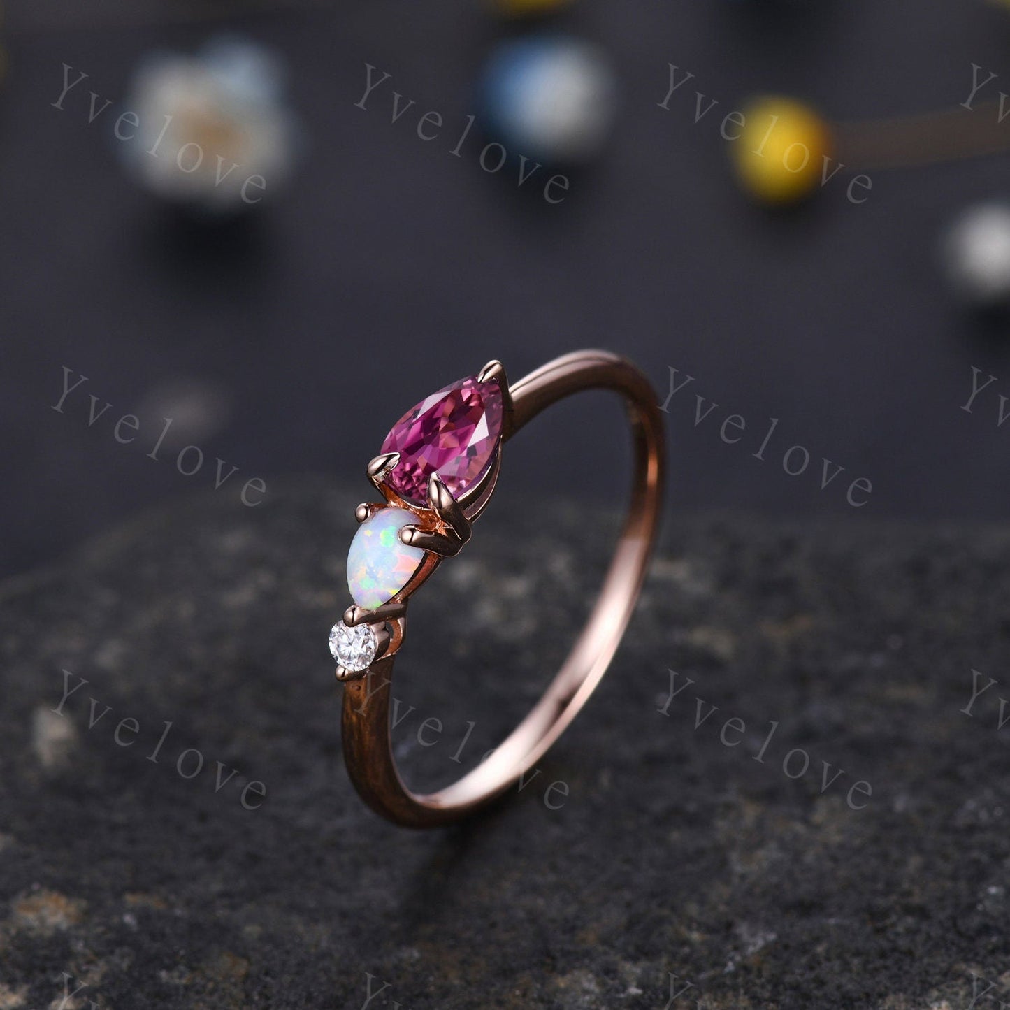 Unique Pink Tourmaline Opal Engagement Ring,Pear Cut Gems,Art Deco Moissanite Wedding Band,3 Stone Unique Women Bridal Promise Ring Gift