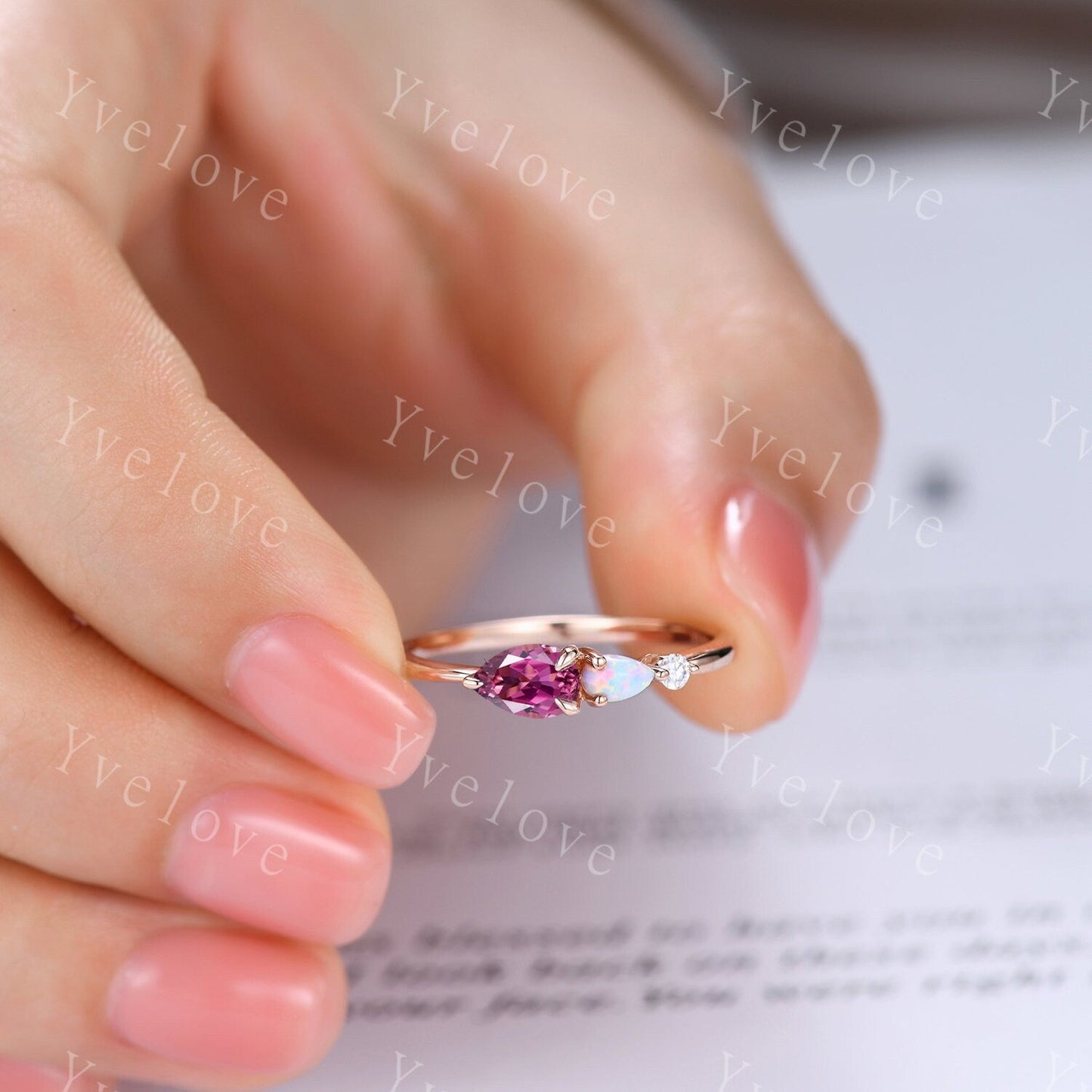 Unique Pink Tourmaline Opal Engagement Ring,Pear Cut Gems,Art Deco Moissanite Wedding Band,3 Stone Unique Women Bridal Promise Ring Gift