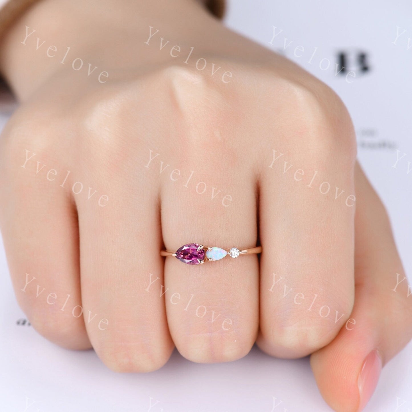 Unique Pink Tourmaline Opal Engagement Ring,Pear Cut Gems,Art Deco Moissanite Wedding Band,3 Stone Unique Women Bridal Promise Ring Gift