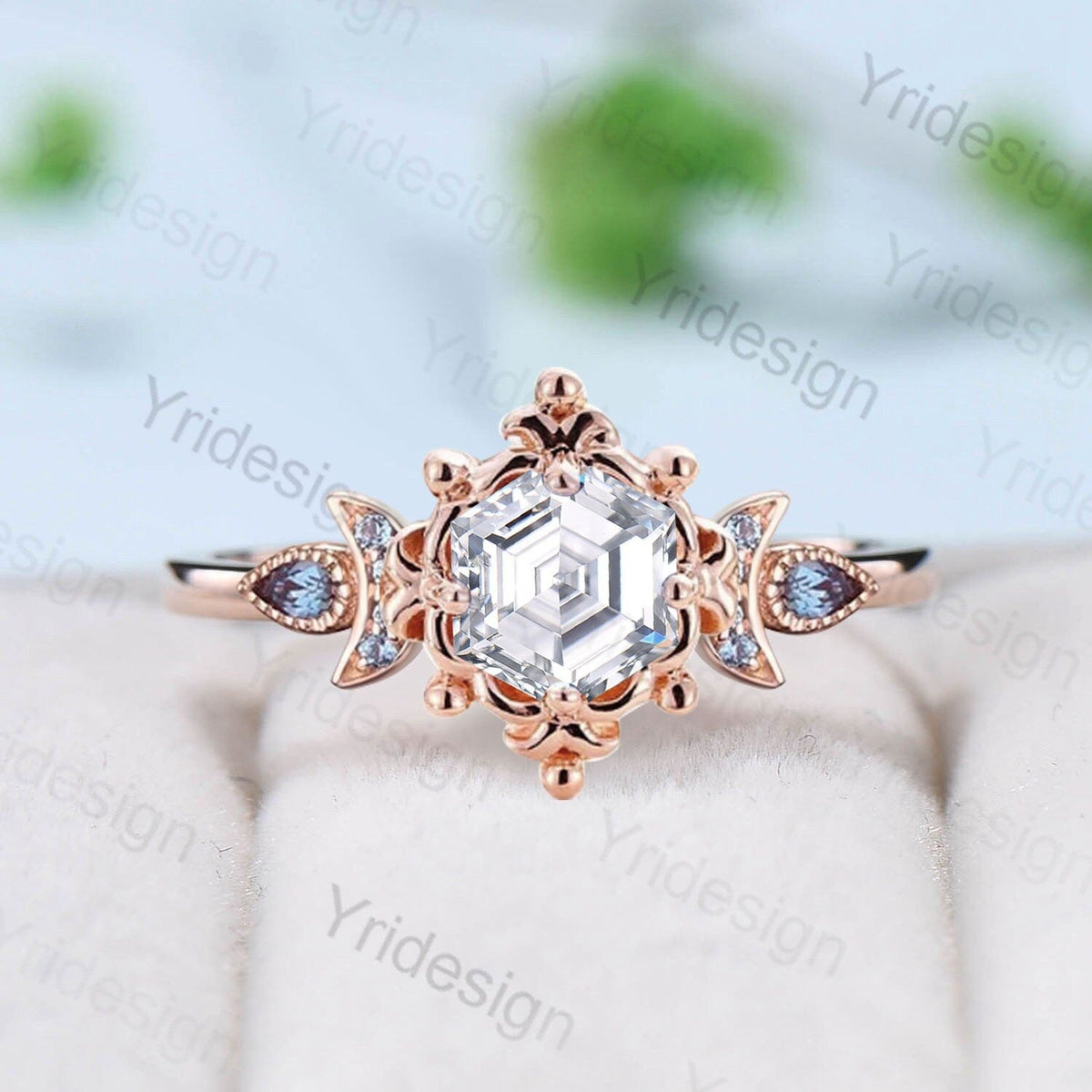 Floral Hexagon Moissanite Engagement Ring Crescent Moon Pear Alexandrite Cluster Wedding Ring Unique Promise Ring Handmade Bridal Gift
