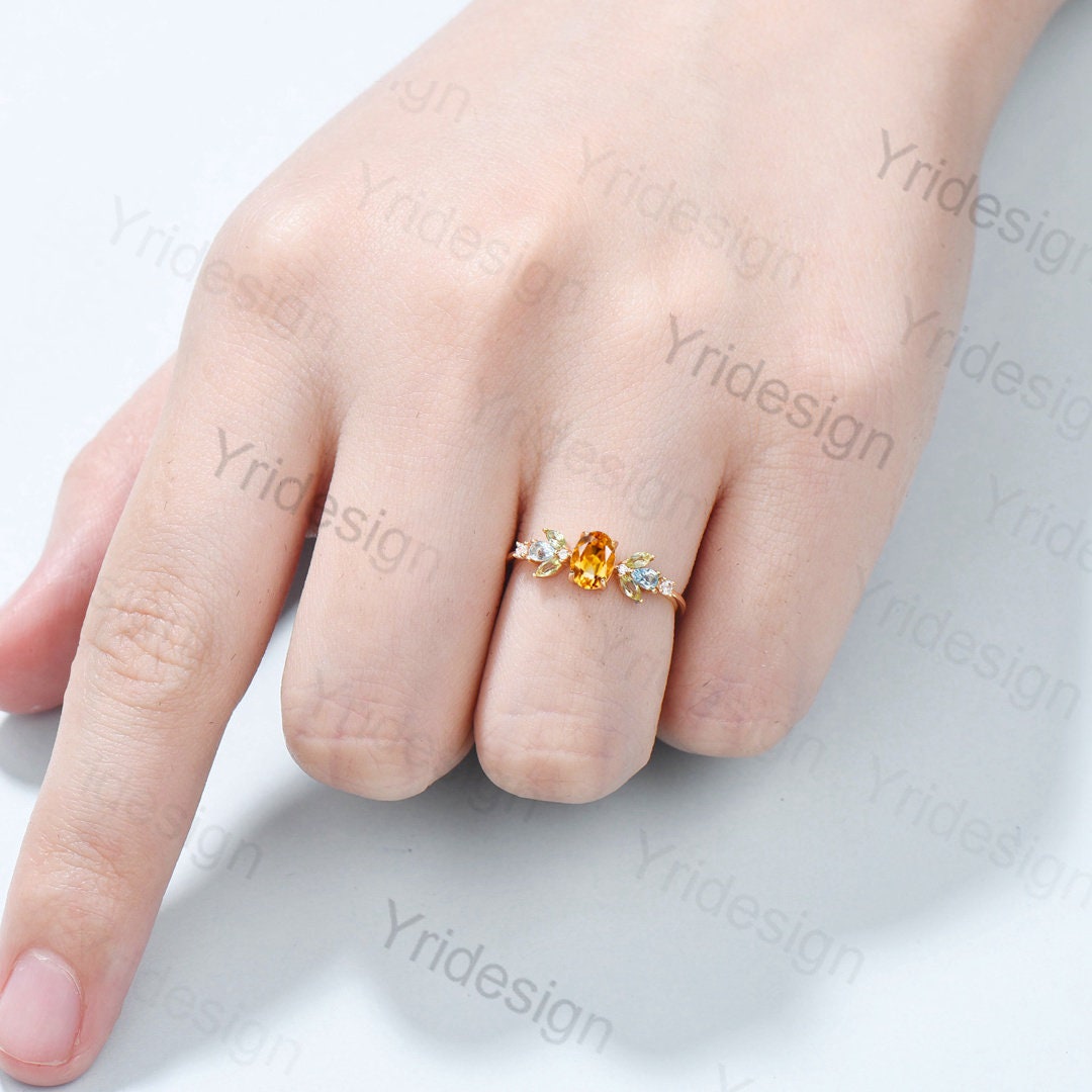 Unique Oval Citrine Engagement Rings Multi-Stone Rings Marqusie Cut Peridot Wedding Ring Swiss Topaz Anniversary Ring Vintage Rose Gold Ring