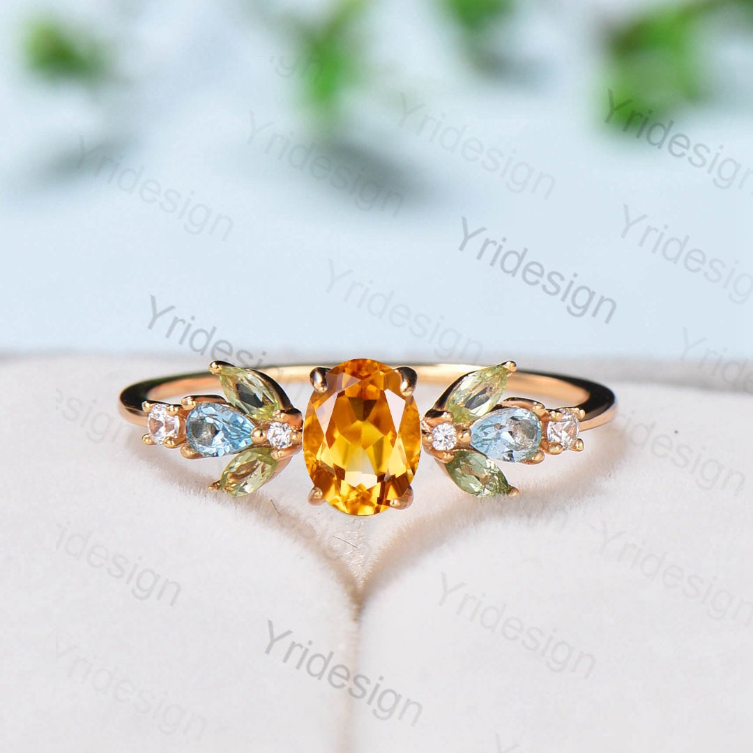 Unique Oval Citrine Engagement Rings Multi-Stone Rings Marqusie Cut Peridot Wedding Ring Swiss Topaz Anniversary Ring Vintage Rose Gold Ring