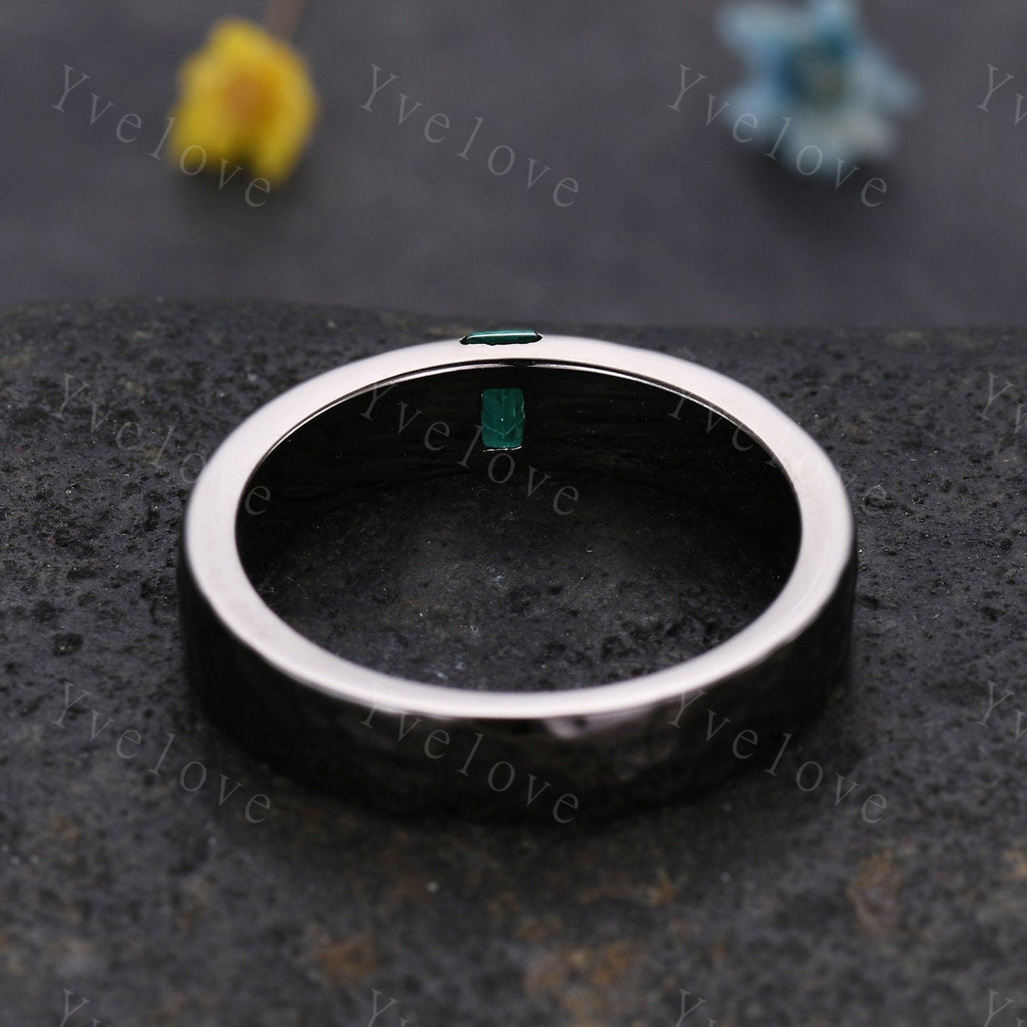 Mens Emerald Wedding Band Baguette Cut Green Emerald Band 5mm Black Band Ring Mens Hammered Stacking Matching Band Retro Vintage Ring Gift