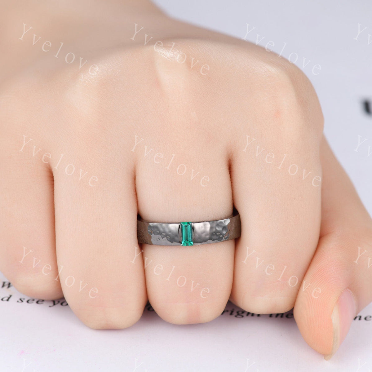 Mens Emerald Wedding Band Baguette Cut Green Emerald Band 5mm Black Band Ring Mens Hammered Stacking Matching Band Retro Vintage Ring Gift