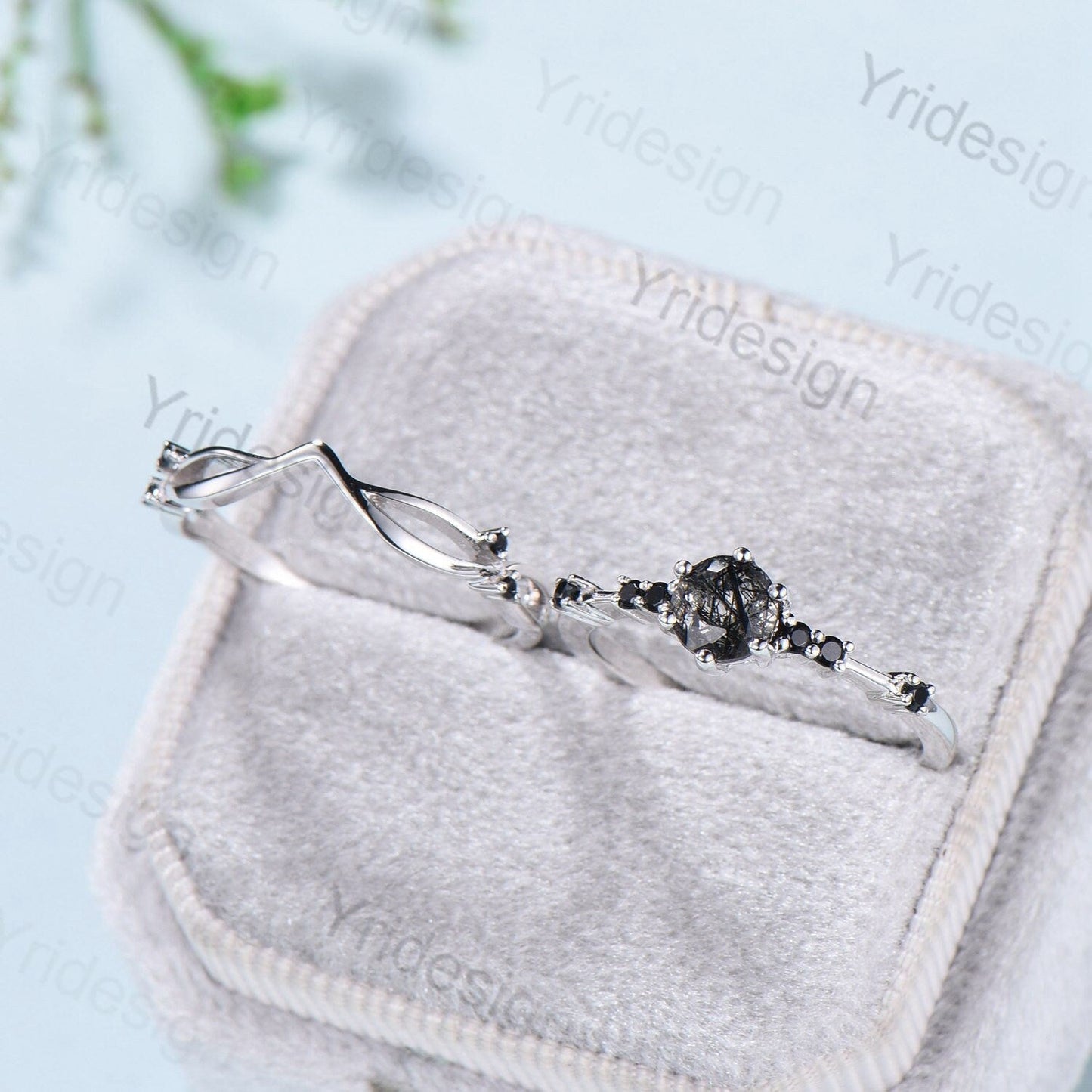 Dainty black rutilated quartz engagement ring set Minimalist spinel wedding Set women Art Deco Bridal Anniversary Rings Promise Ring for her