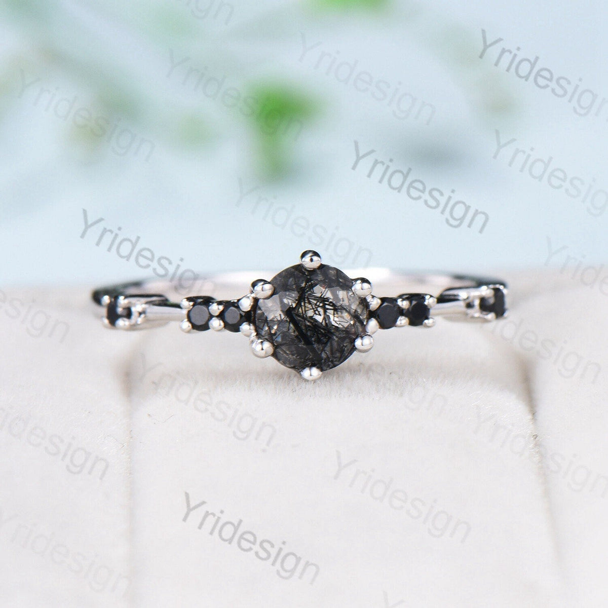 Dainty black rutilated quartz engagement ring set Minimalist spinel wedding Set women Art Deco Bridal Anniversary Rings Promise Ring for her